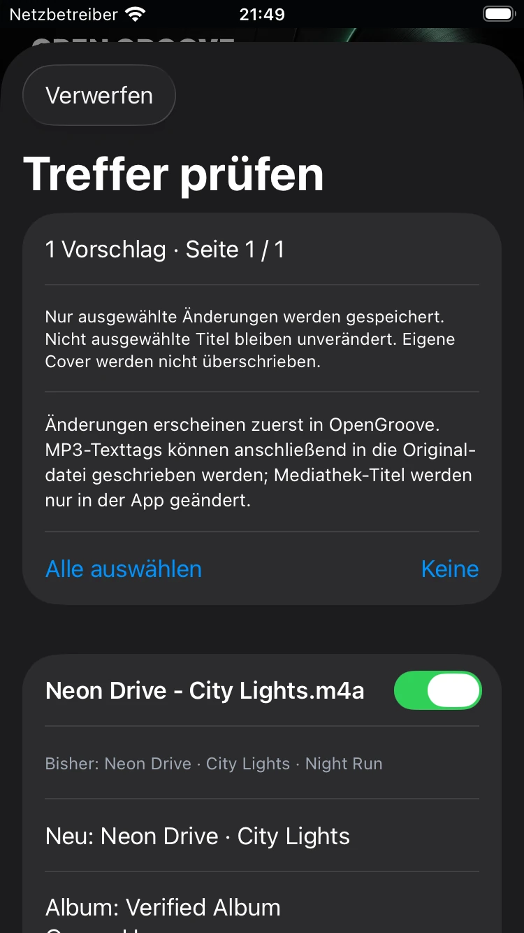 iPhone: Metadatenvorschläge vor dem Speichern prüfen.