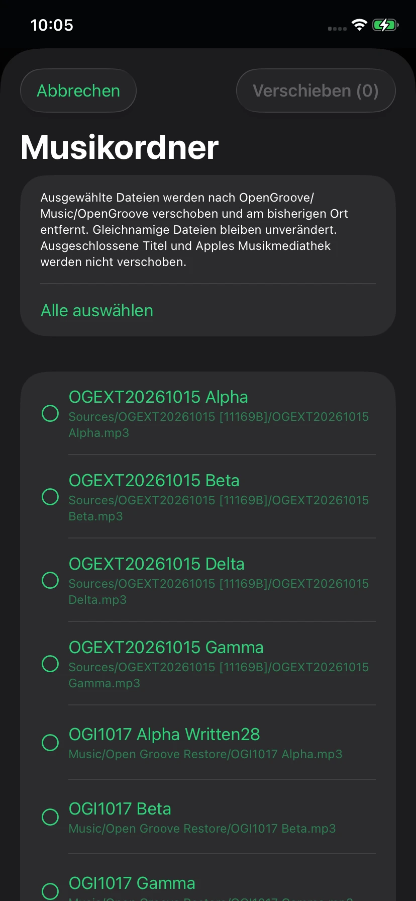 iPhone: Dateien zum Verschieben auswählen.